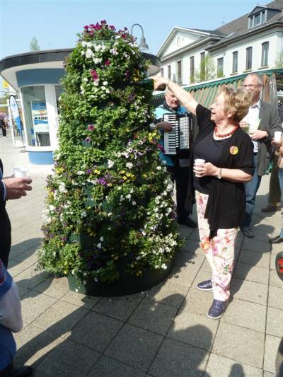 Uschi Kltzke (Vorsitzende der FU-Heiligenhaus) weiht die Blumenpyramide ein.